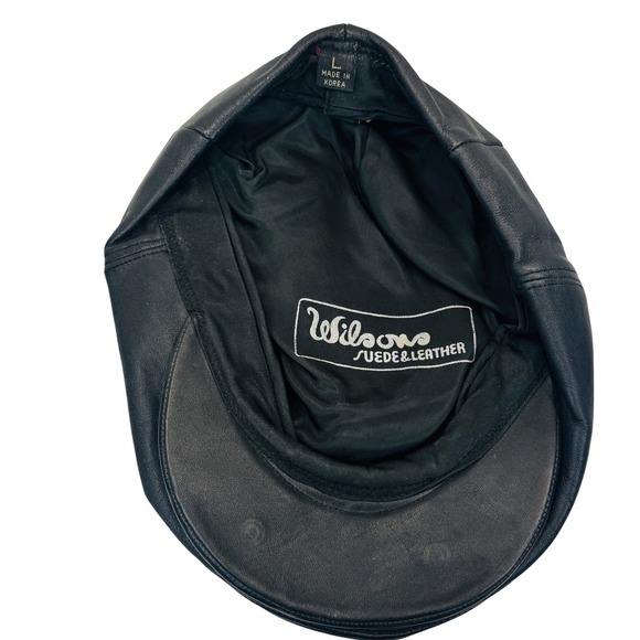 Wilson Leather Newsboy Flat Cap Ivy Driver Hat Black Genuine Leather L Vtg Biker - Picture 2 of 7